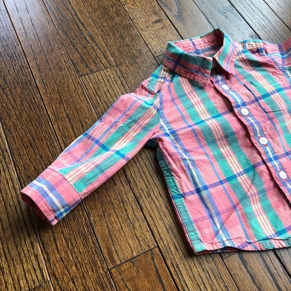*EUC* Janie and Jack Boys 3-6M Pink/Orange Plaid 100% Cotton Button-Down Shirt - Picture 2 of 8